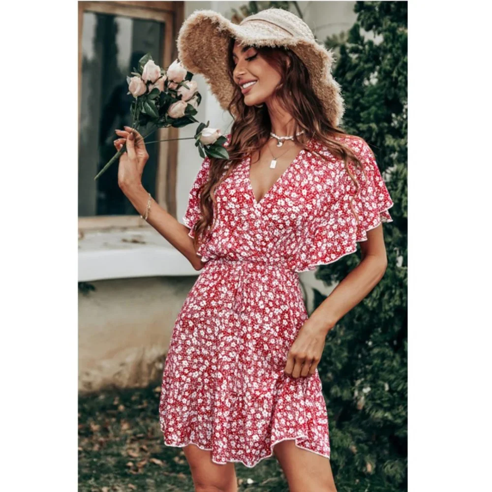 Ditsy Floral Butterfly Sleeve Dress - Picture 1 of 4